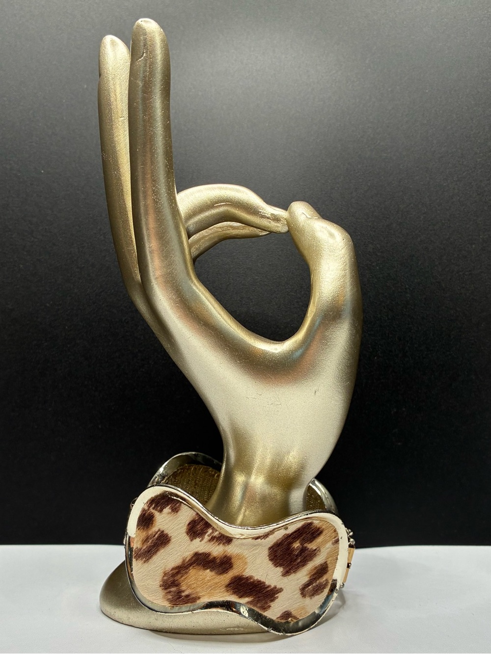 Vintage Leopard Fur Cuff Bracelet With Silver Trim